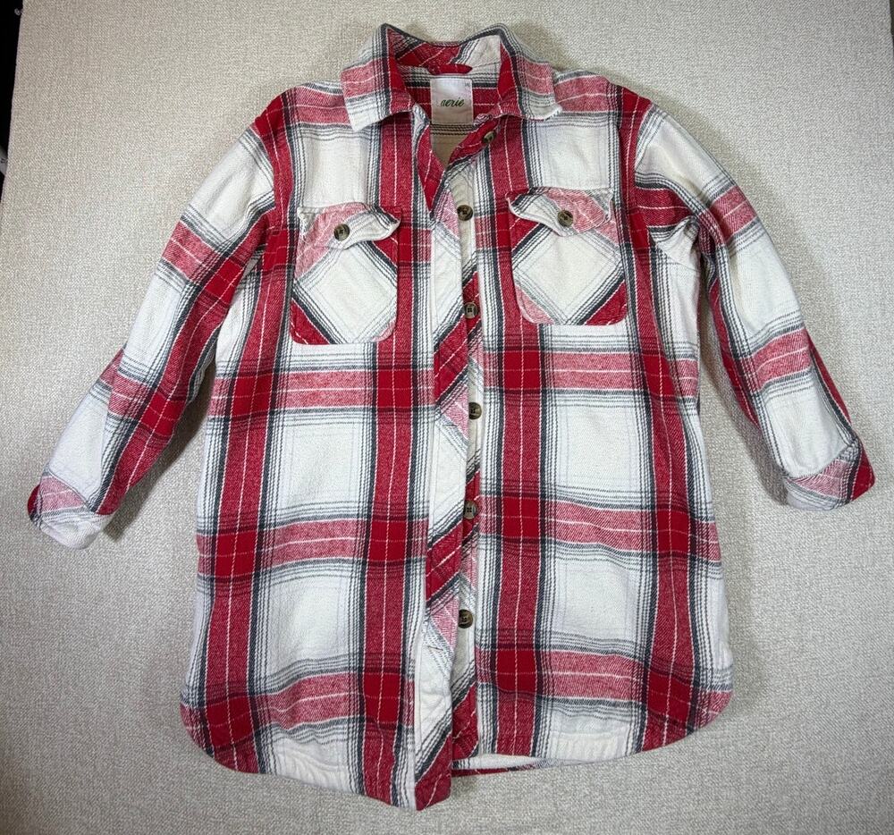 Aerie Womens Large Red White Heavyweight Long Sleeve Button Front Shacket Jacket
